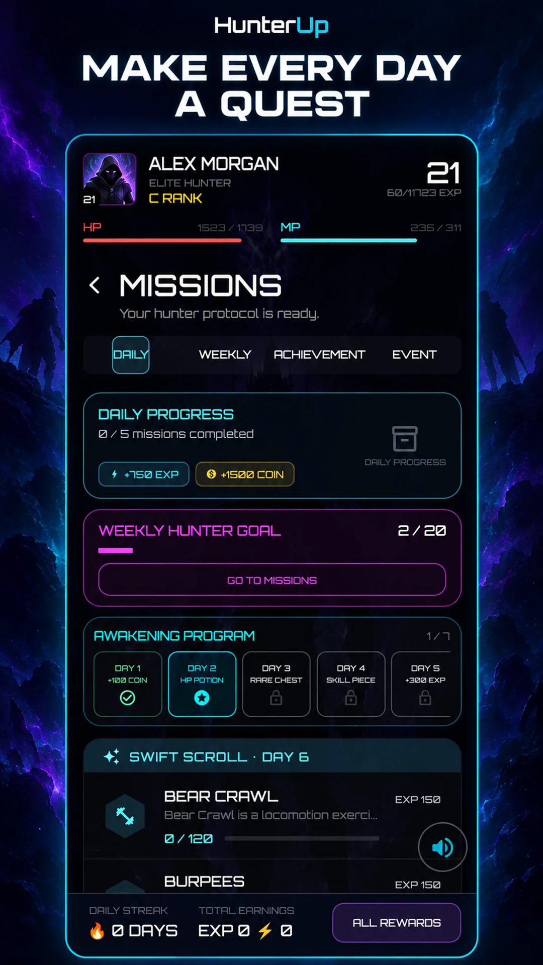 HunterUp quests screen