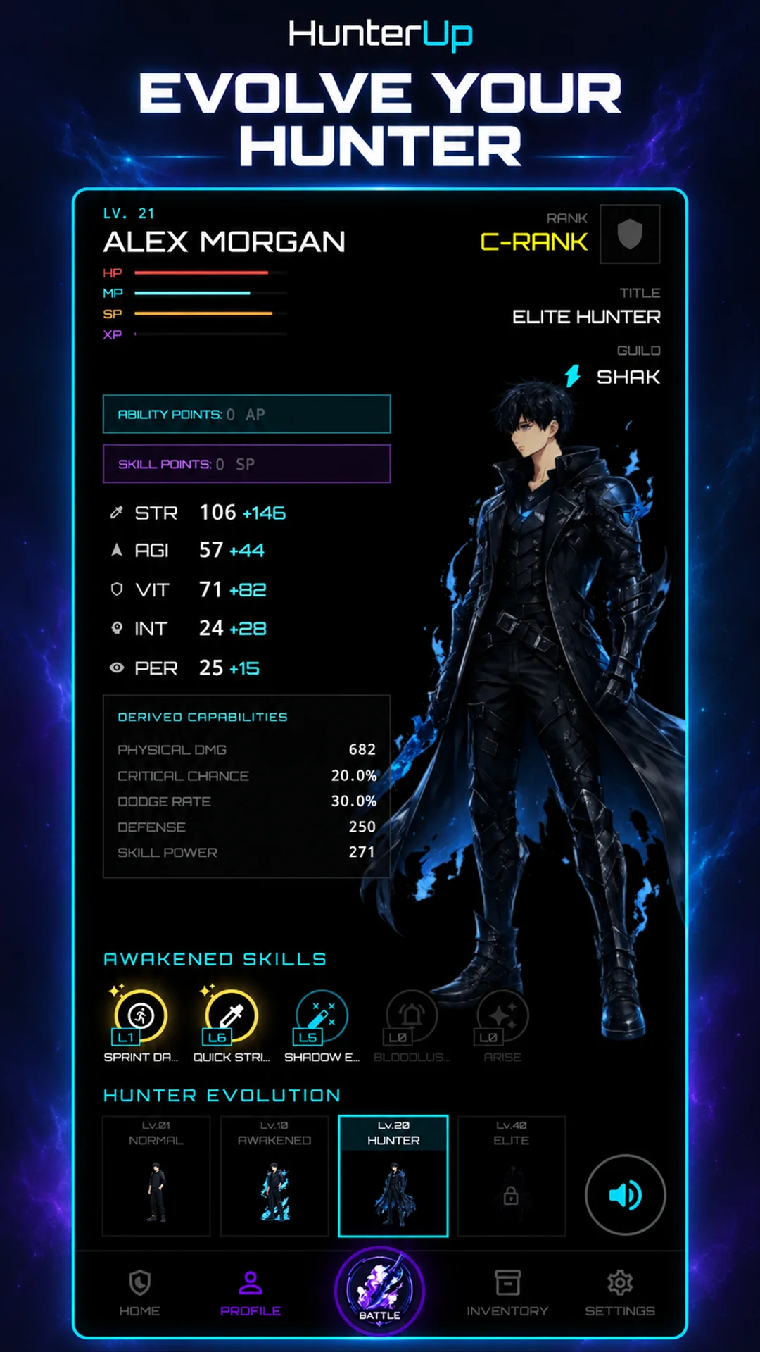 HunterUp profile screen